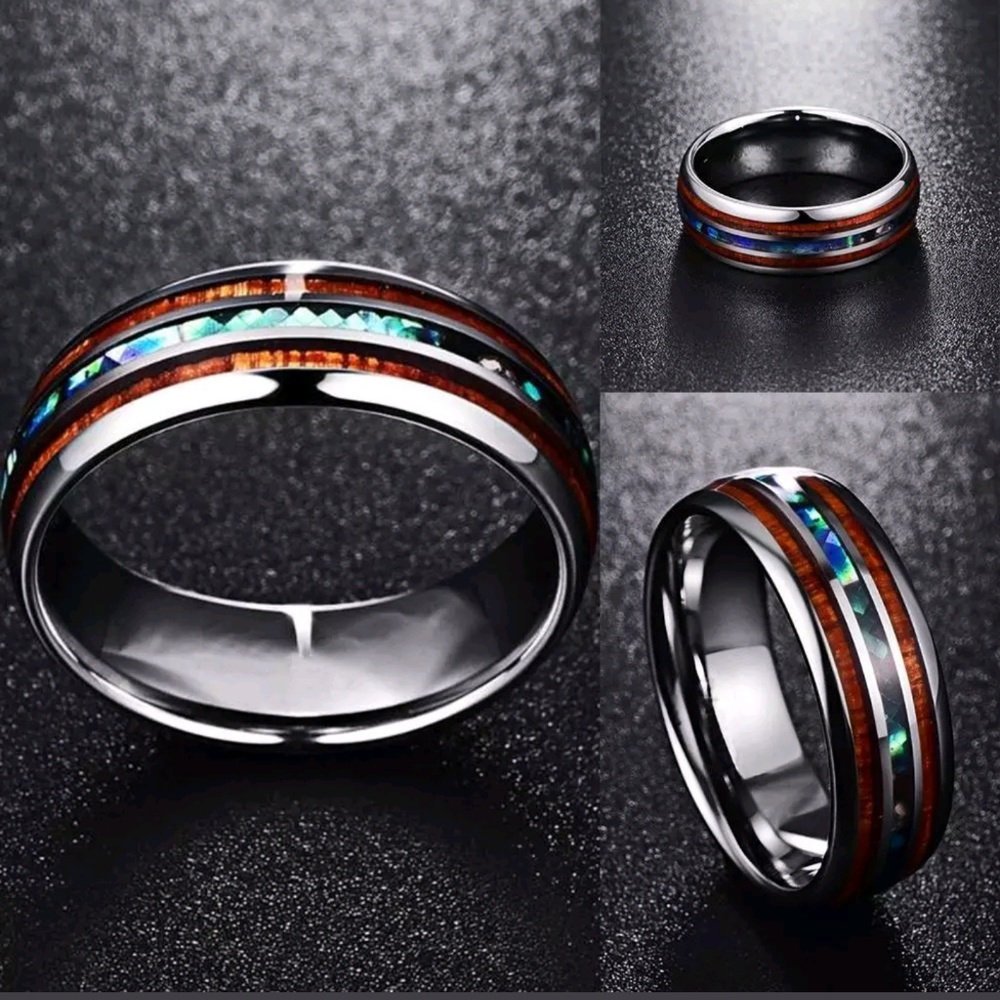 Silver w/ Koa wood & abalone inlays ring band 8mm